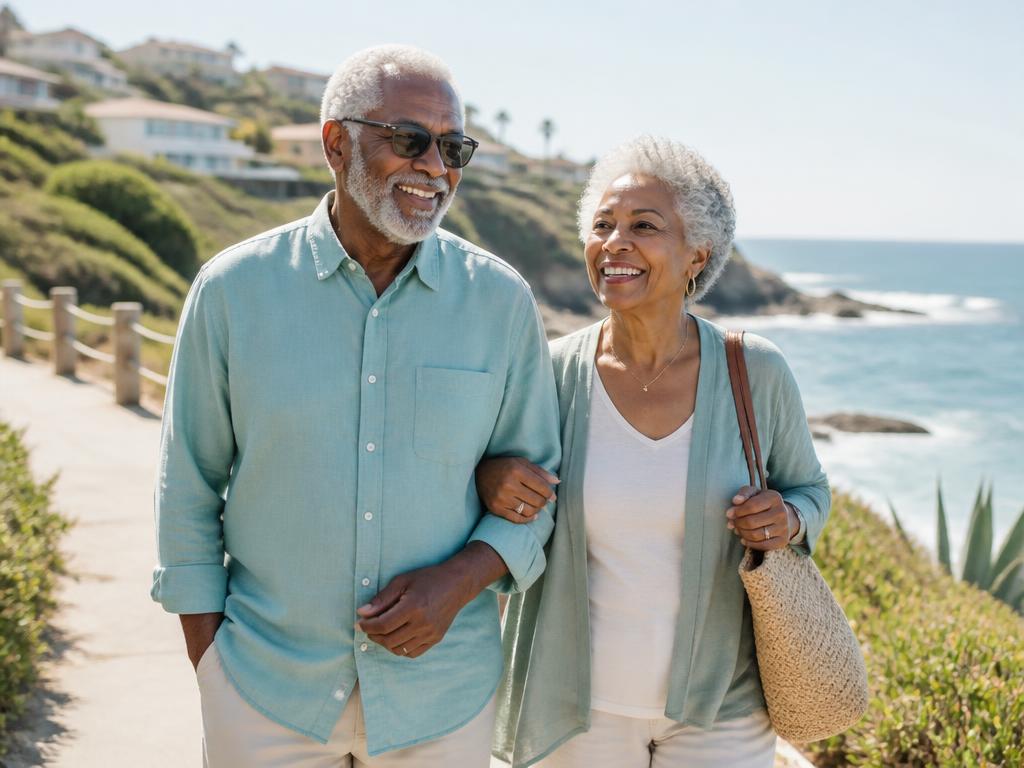 An elderly couple walking arm in arm along a coastal path