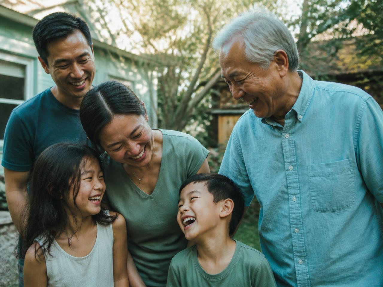Three generations of a family laughing together outside their home