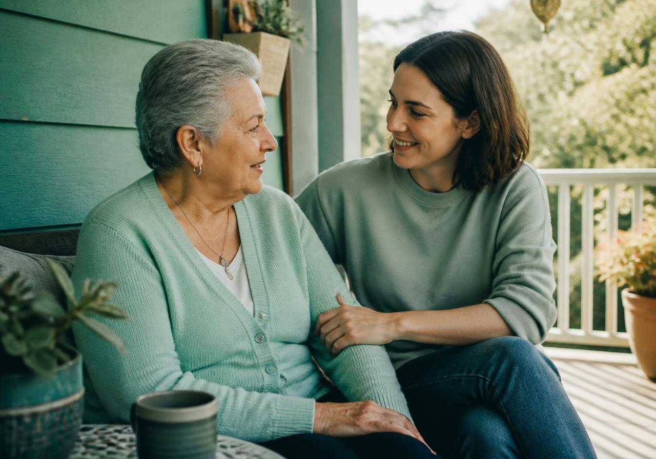 An adult daughter sitting close to her mother on a sunny porch