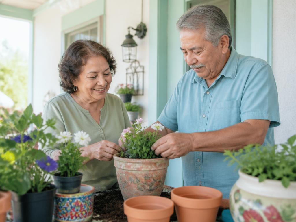 An older couple potting flowers together on their porch
